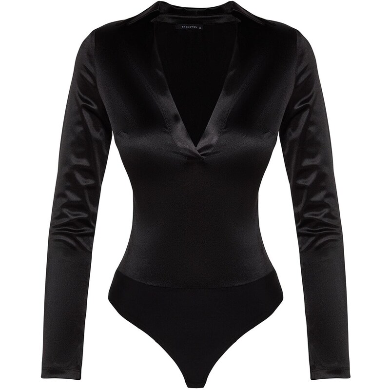 Trendyol Black Collar Detailed Knitted Satin Bodysuit