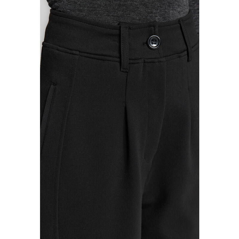 Trendyol černé skládané široké/ležérní střih s vysokým pasem mrkvový střih interlockové pletené kalhoty