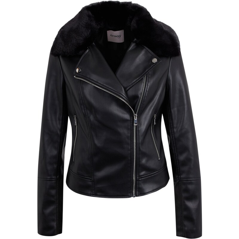 Orsay Černá dámská koženková bunda s umělým kožíškem - Dámské