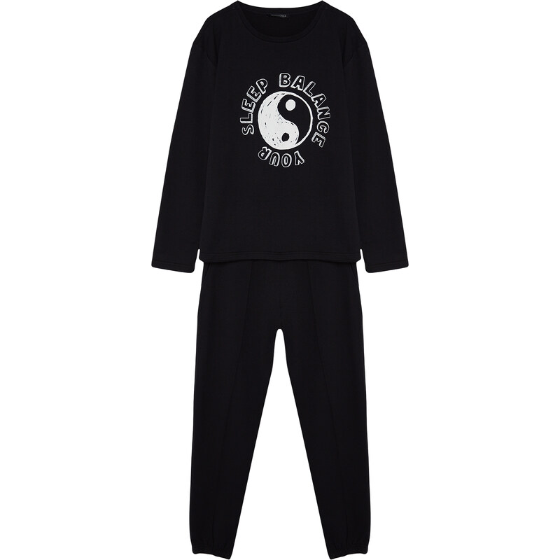 Trendyol Black Regular Fit Printed Knitted Pajamas Set