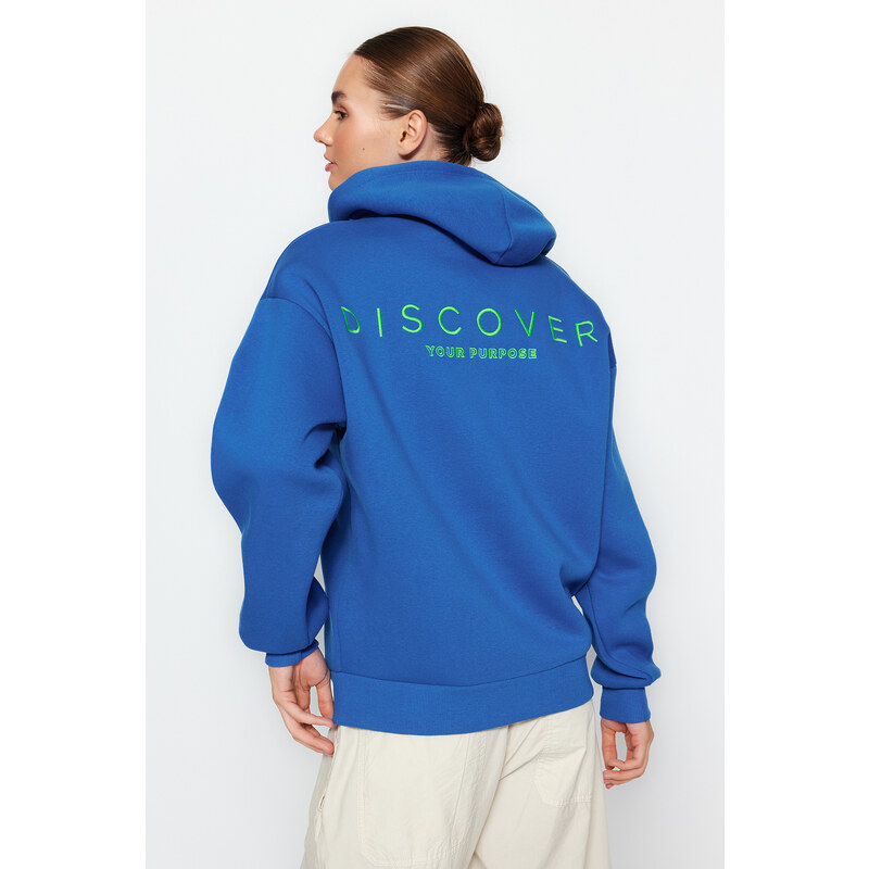 Trendyol Sax Hoody with a Printed Back Oversized/Wide-Wide Fit Fleece Inside Knitted Sweatshirt