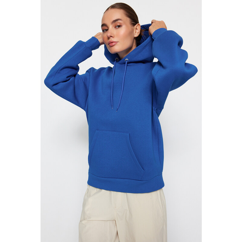 Trendyol Sax Hoody with a Printed Back Oversized/Wide-Wide Fit Fleece Inside Knitted Sweatshirt