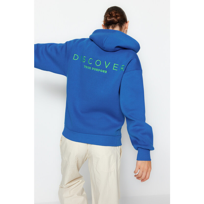 Trendyol Sax Hoody with a Printed Back Oversized/Wide-Wide Fit Fleece Inside Knitted Sweatshirt