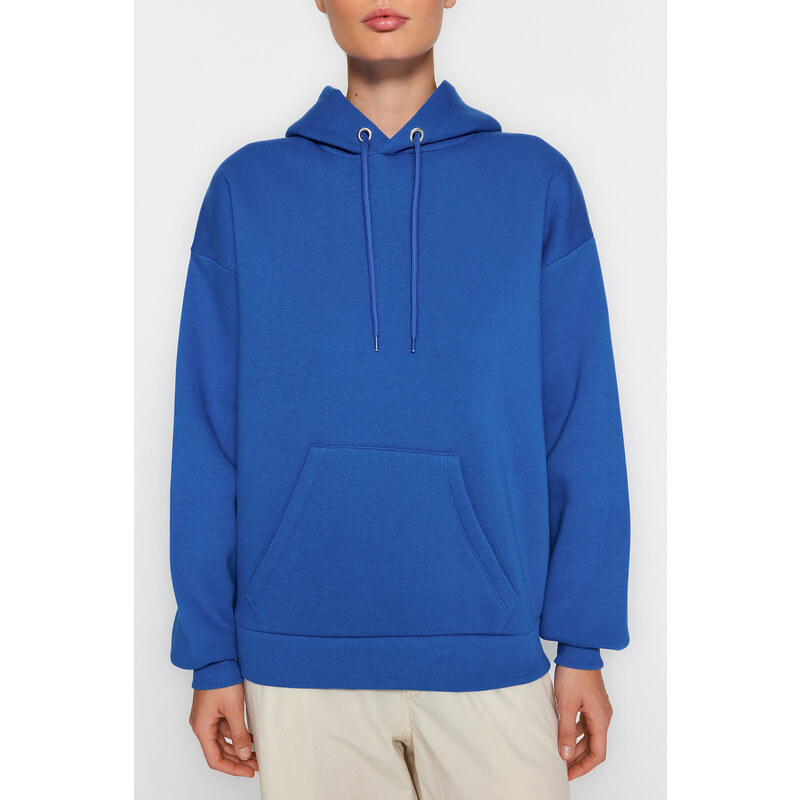Trendyol Sax Hoody with a Printed Back Oversized/Wide-Wide Fit Fleece Inside Knitted Sweatshirt
