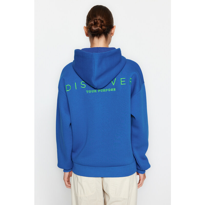 Trendyol Sax Hoody with a Printed Back Oversized/Wide-Wide Fit Fleece Inside Knitted Sweatshirt