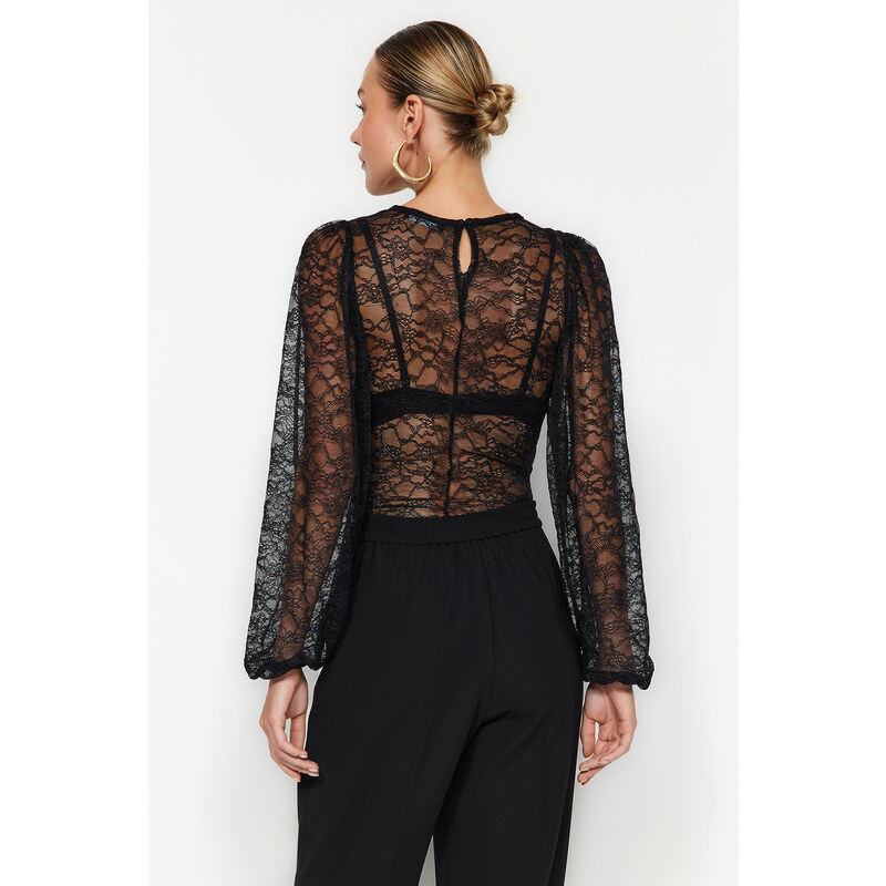 Trendyol Black Gathered Detailed Crew Neck Lace Snaps Knitted Bodysuit