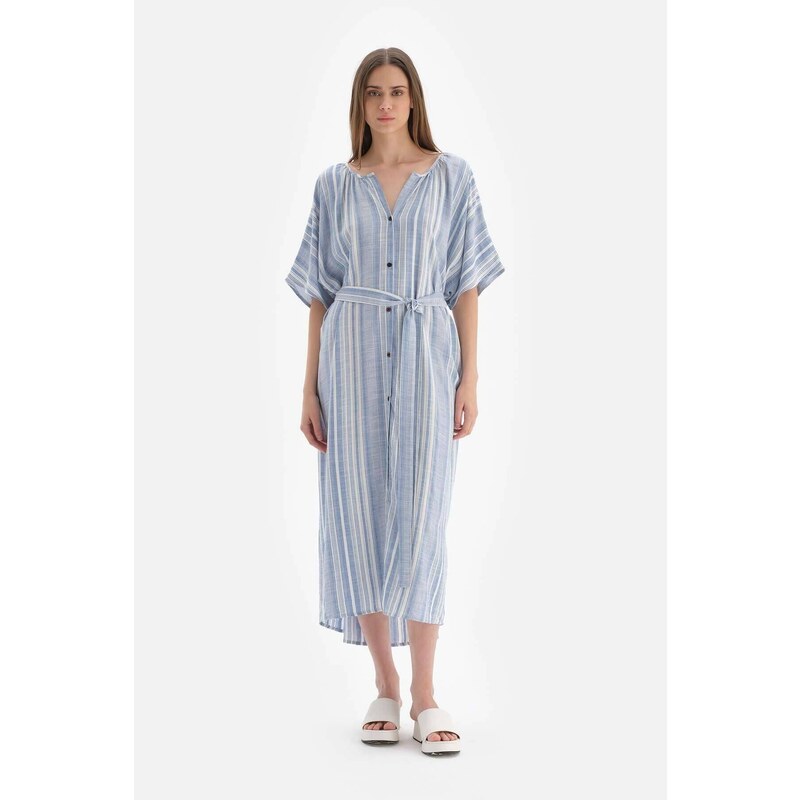 Dagi Blue - Bílé přední viskózové šaty na knoflíky 115606364