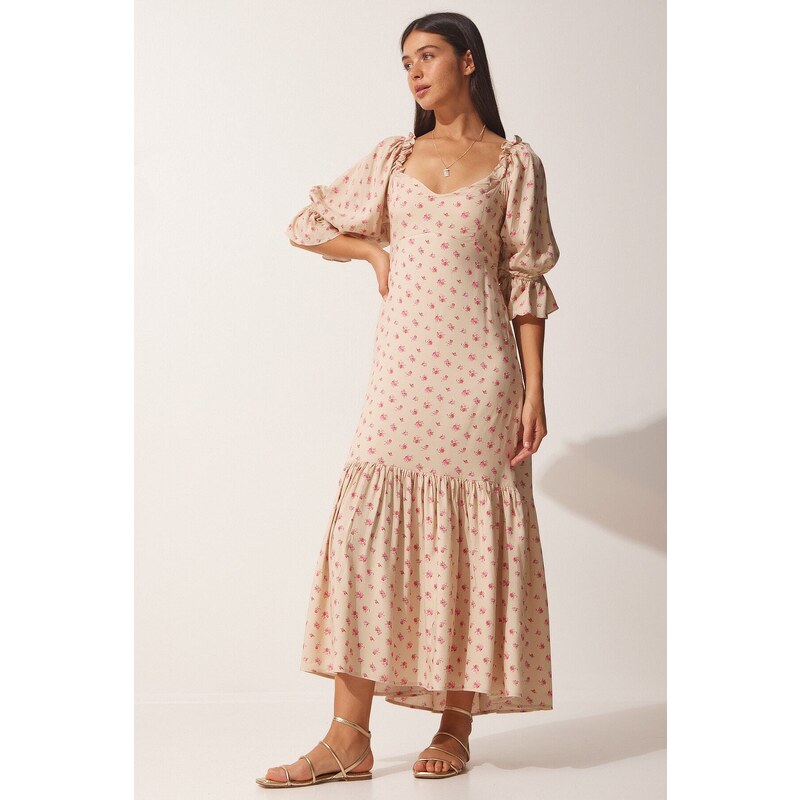 Happiness İstanbul Women's Beige Patterned Heart Collar Viscose Dress