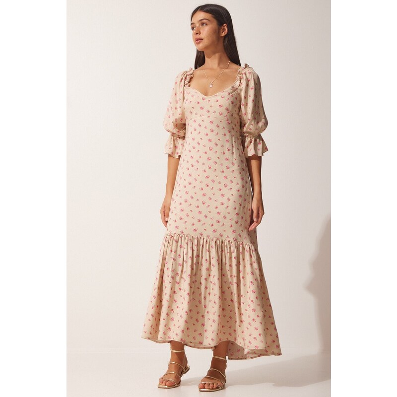 Happiness İstanbul Women's Beige Patterned Heart Collar Viscose Dress