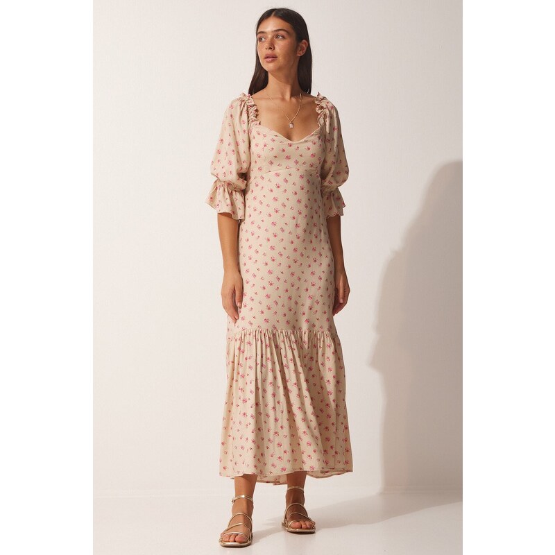 Happiness İstanbul Women's Beige Patterned Heart Collar Viscose Dress