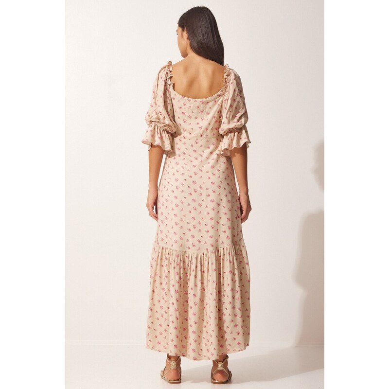 Happiness İstanbul Women's Beige Patterned Heart Collar Viscose Dress