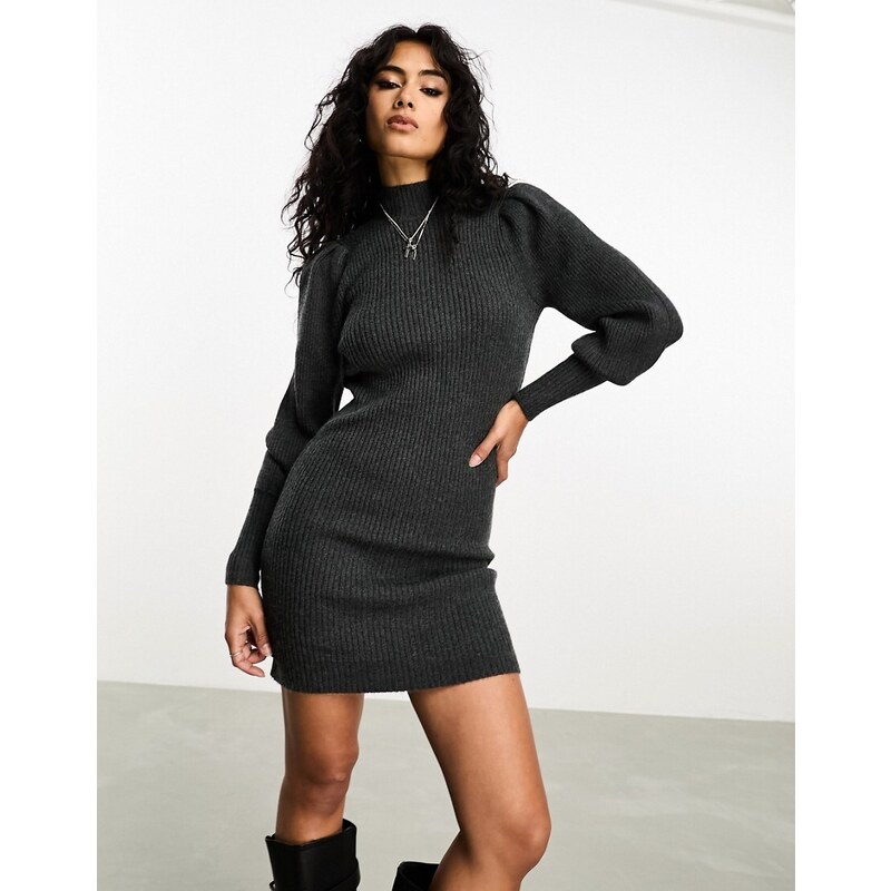 ONLY high neck puff sleeve mini jumper dress in dark grey