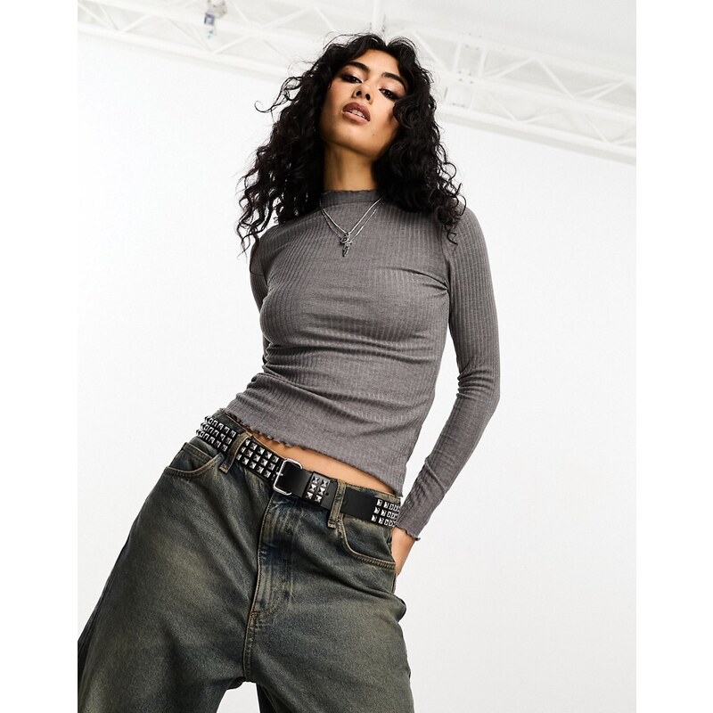 ONLY lettuce edge high neck ribbed top in dark grey 94606010