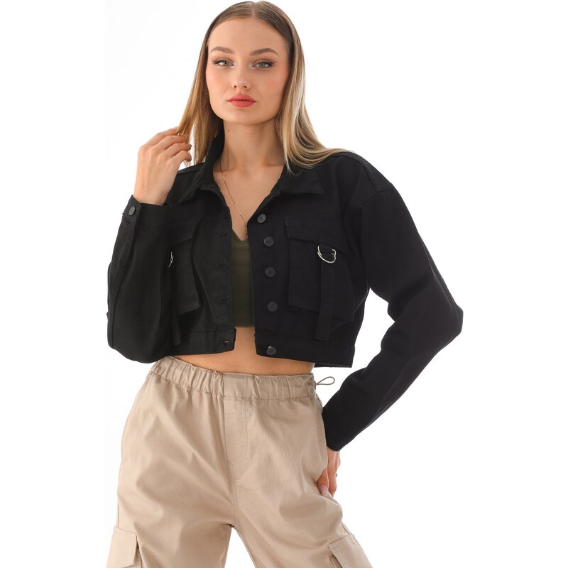 BİKELİFE Women's Pocket Detailed Oversize Crop Denim Jacket