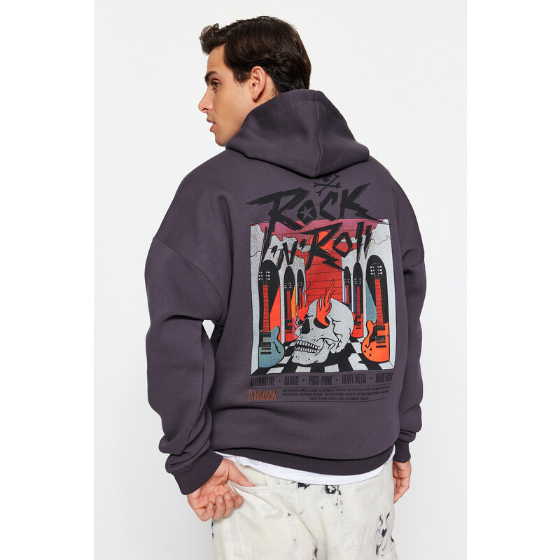 Trendyol Anthracite Oversize/Wide Cut Fleece Inside Hooded Rock Printed Sweatshirt