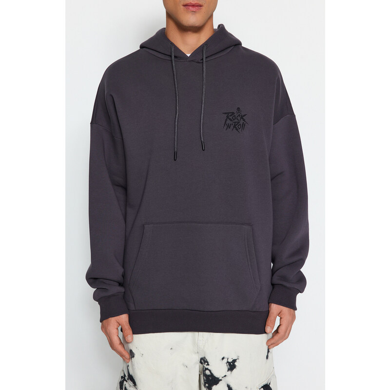 Trendyol Anthracite Oversize/Wide Cut Fleece Inside Hooded Rock Printed Sweatshirt