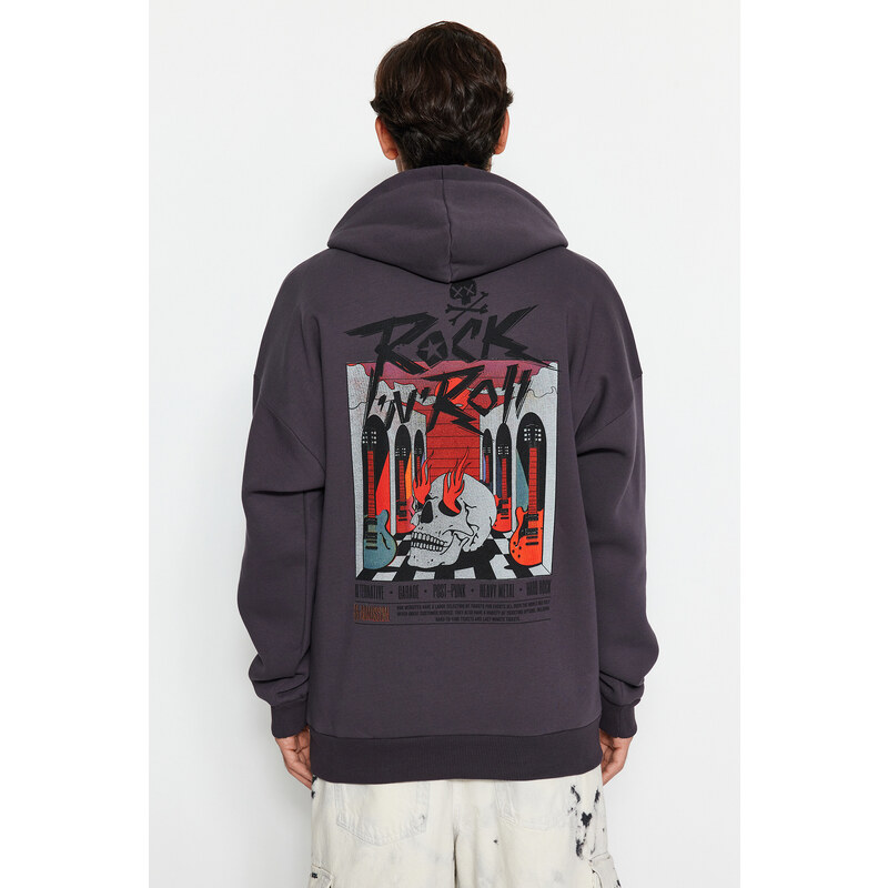 Trendyol Anthracite Oversize/Wide Cut Fleece Inside Hooded Rock Printed Sweatshirt