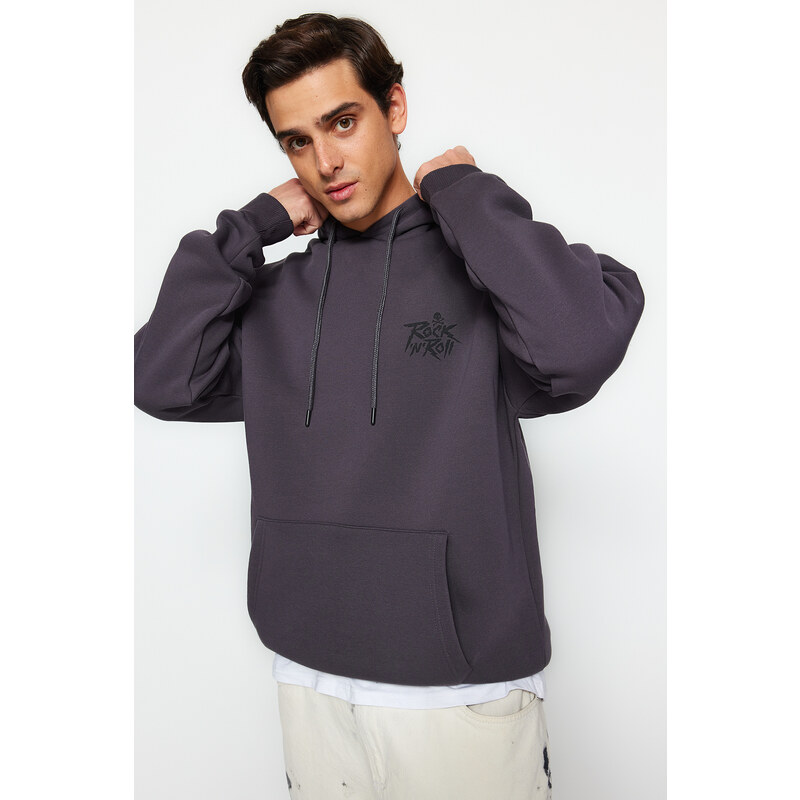 Trendyol Anthracite Oversize/Wide Cut Fleece Inside Hooded Rock Printed Sweatshirt