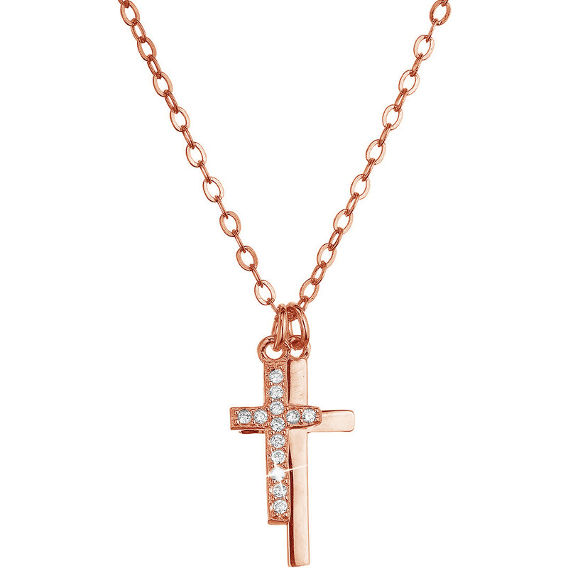 Pozlacený stříbrný Rose Gold náhrdelník dva malé křížky a bílé