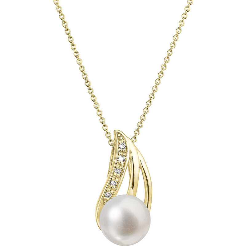 EVOLUTION GROUP Zlatý 14 karátový náhrdelník s bílou říční perlou a brilianty 92PB00051