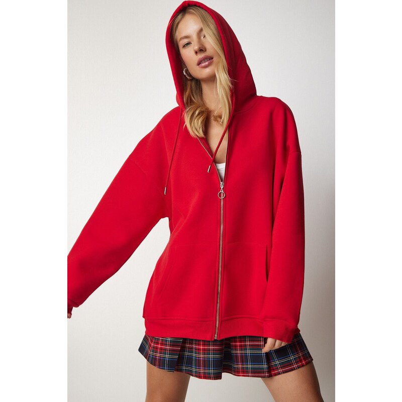 Happiness İstanbul Women's Red Hooded Zipper Oversize Sweatshirt