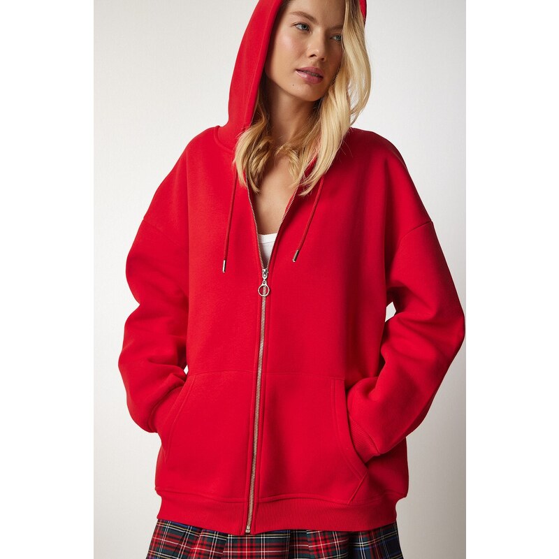 Happiness İstanbul Women's Red Hooded Zipper Oversize Sweatshirt