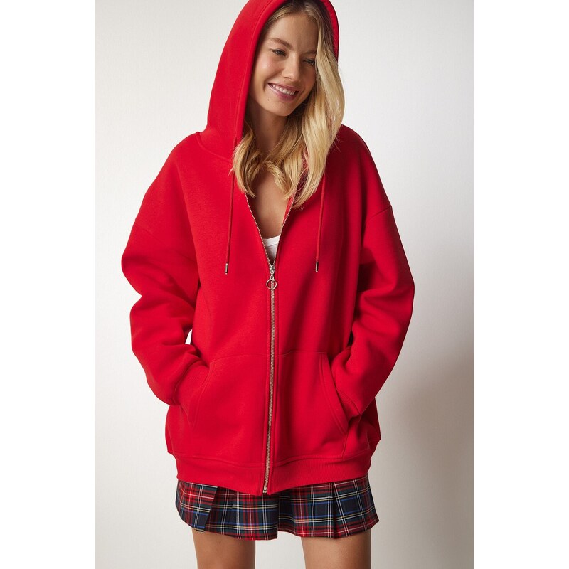 Happiness İstanbul Women's Red Hooded Zipper Oversize Sweatshirt