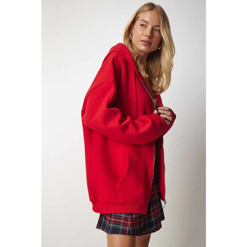 Happiness İstanbul Women's Red Hooded Zipper Oversize Sweatshirt