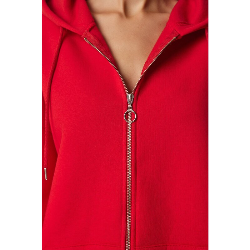 Happiness İstanbul Women's Red Hooded Zipper Oversize Sweatshirt