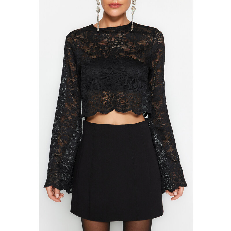 Trendyol Black Crop Knitted Unlined Lace Blouse