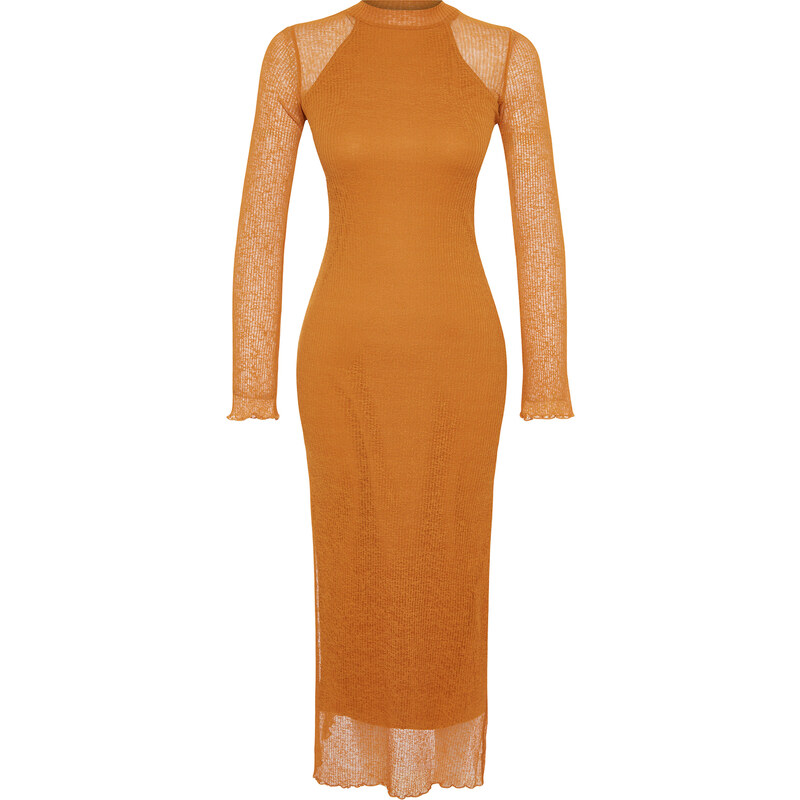Trendyol Mustard Special Textured, Tulle Liner, Fitted Maxi Stand Collar, Flexible Knit Dress