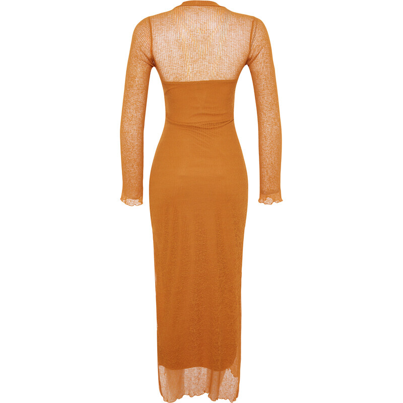 Trendyol Mustard Special Textured, Tulle Liner, Fitted Maxi Stand Collar, Flexible Knit Dress