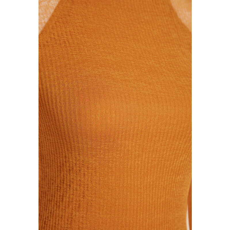 Trendyol Mustard Special Textured, Tulle Liner, Fitted Maxi Stand Collar, Flexible Knit Dress