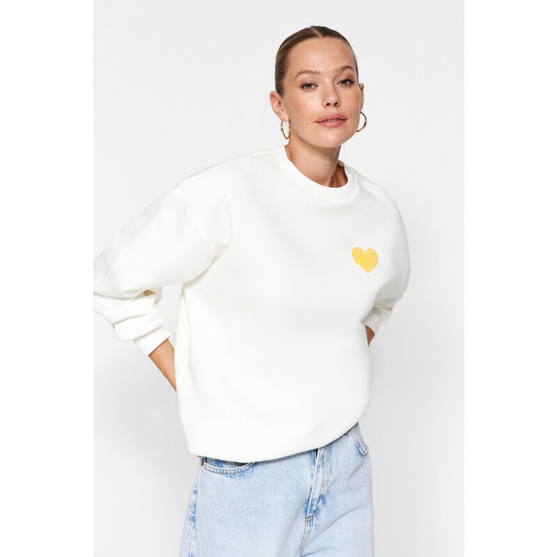 Trendyol Thick Ecru with Fleece Inside. Embossed Chest and Back Print Oversized Knitted Sweatshirt