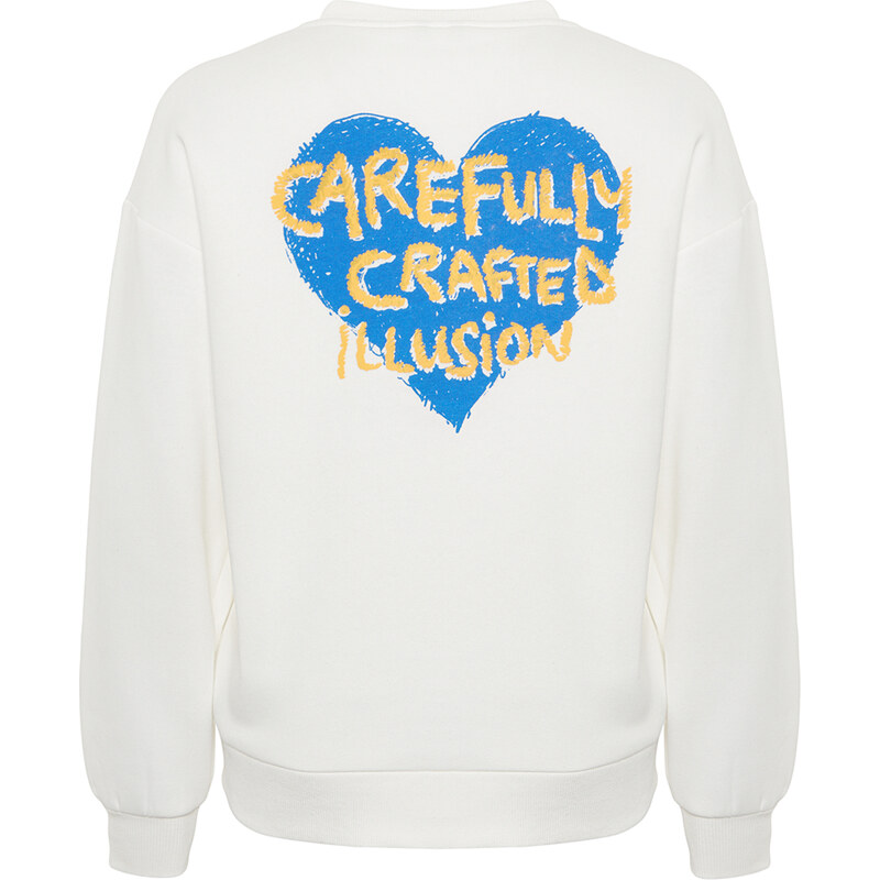 Trendyol Thick Ecru with Fleece Inside. Embossed Chest and Back Print Oversized Knitted Sweatshirt