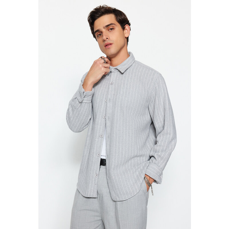 Trendyol Gray Regular Fit Striped Thick Winter Shirt