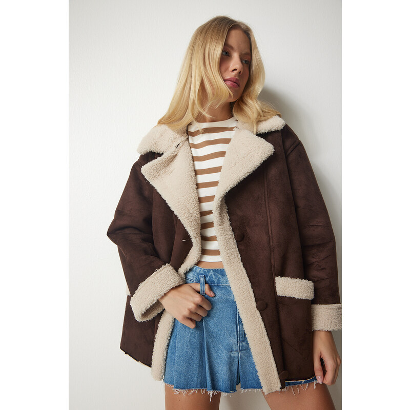 Happiness İstanbul Women's Brown Shearling Suede Coat