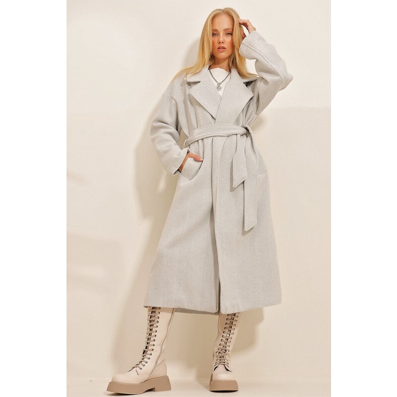 Trend Alaçatı Stili Women's Gray Double Breasted Waist Belted Herringbone Patterned Cachet Coat