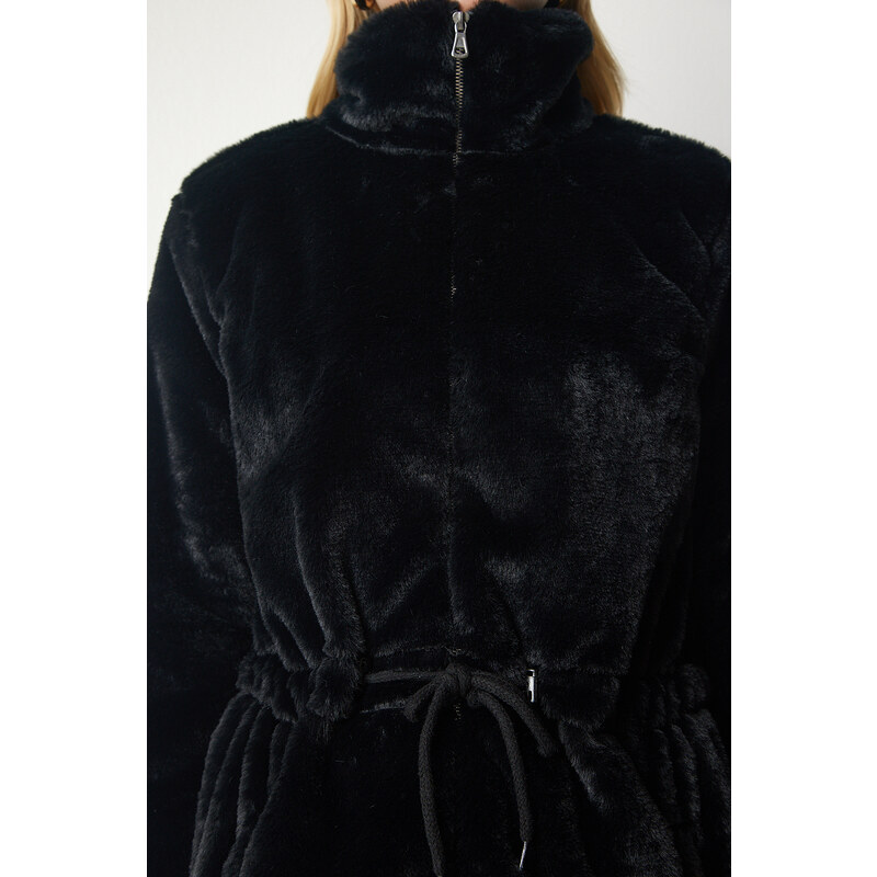 Happiness İstanbul Štěstí İstanbul Dámský černý zip Oversize Furry Plyšový kabát