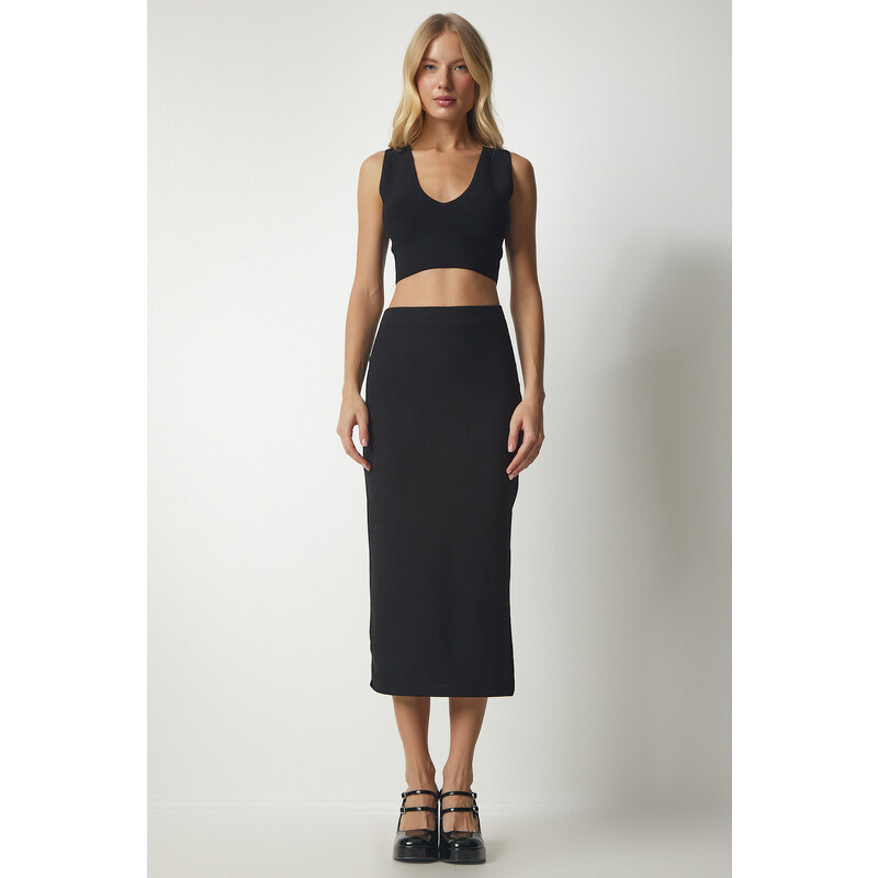Happiness İstanbul Women's Black Slotted Corduroy Knitted Pencil Skirt