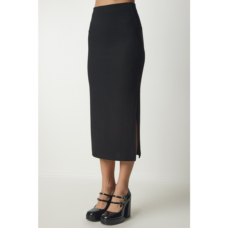 Happiness İstanbul Women's Black Slotted Corduroy Knitted Pencil Skirt