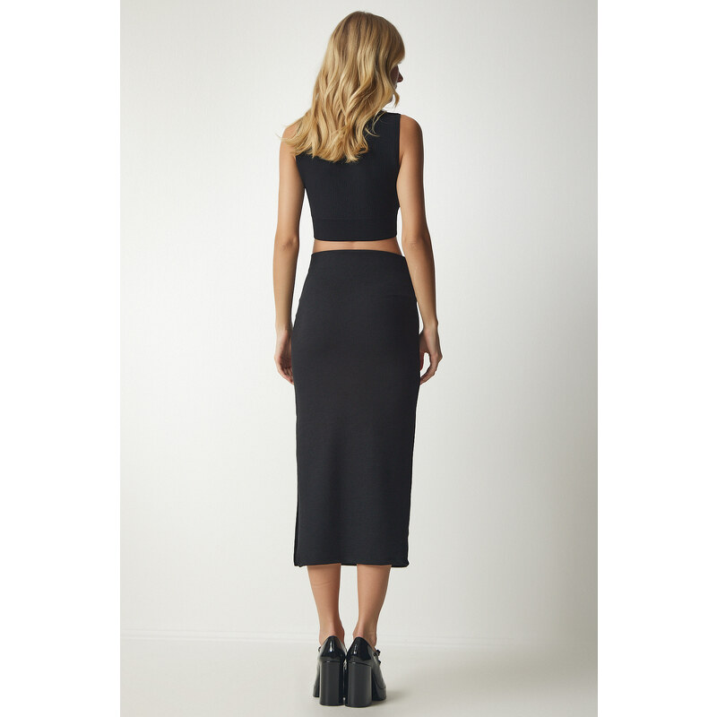 Happiness İstanbul Women's Black Slotted Corduroy Knitted Pencil Skirt