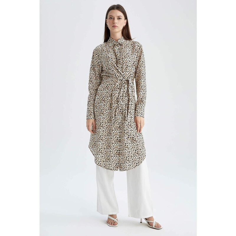 DEFACTO Regular Fit Shirt Collar Printed Long Sleeve Tunic