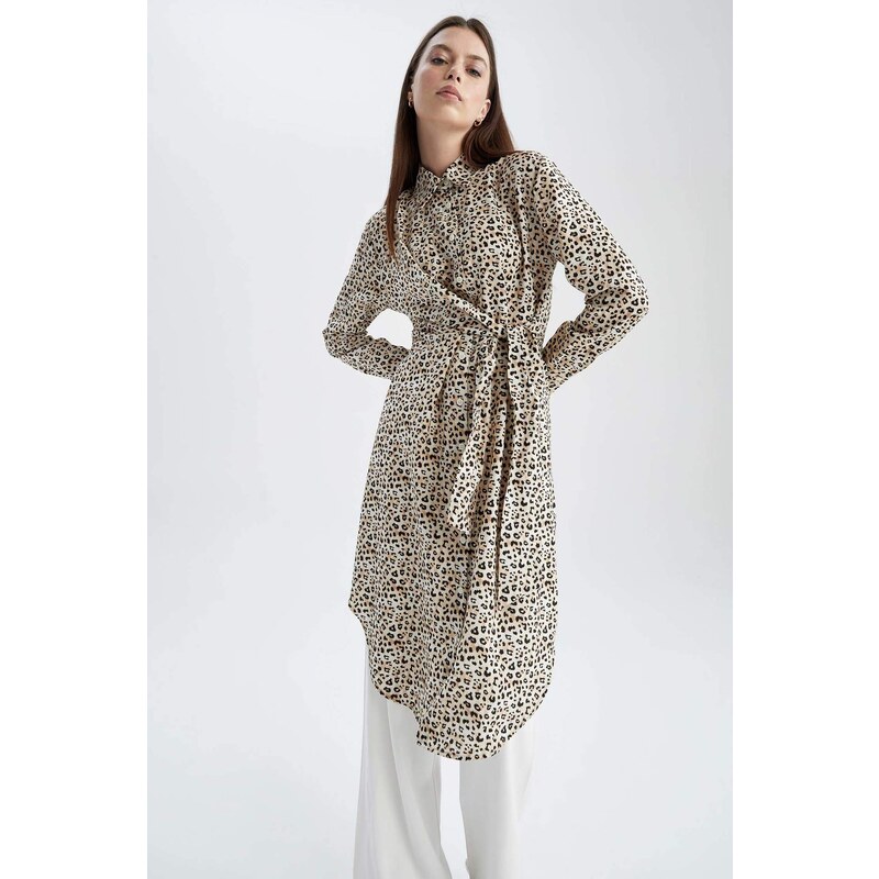 DEFACTO Regular Fit Shirt Collar Printed Long Sleeve Tunic