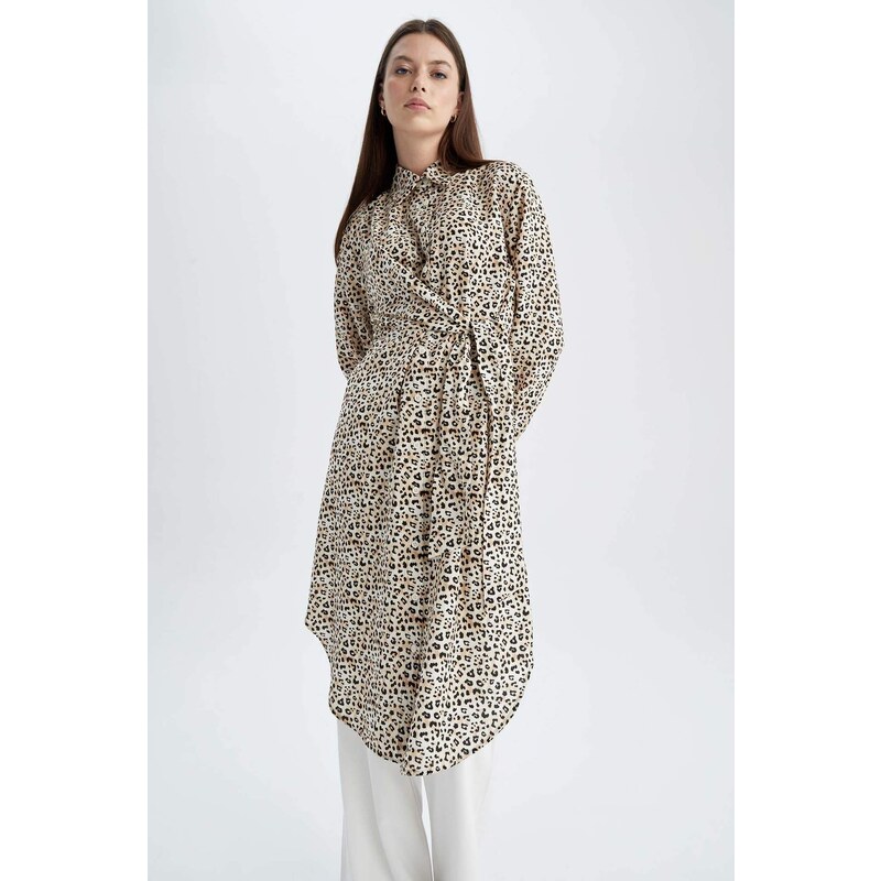 DEFACTO Regular Fit Shirt Collar Printed Long Sleeve Tunic