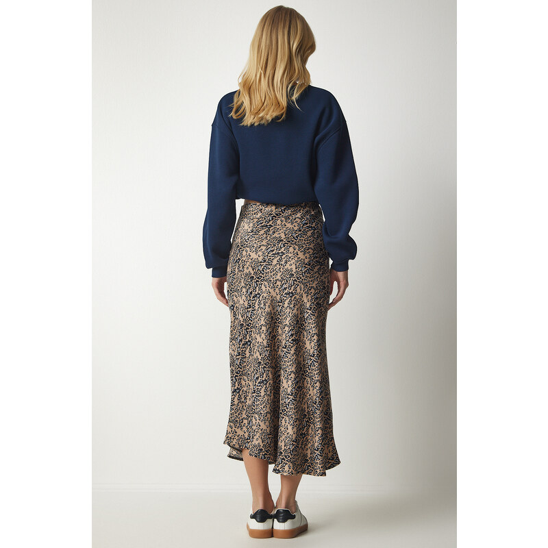 Happiness İstanbul Women's Beige Patterned Satin Surface Flowy Skirt