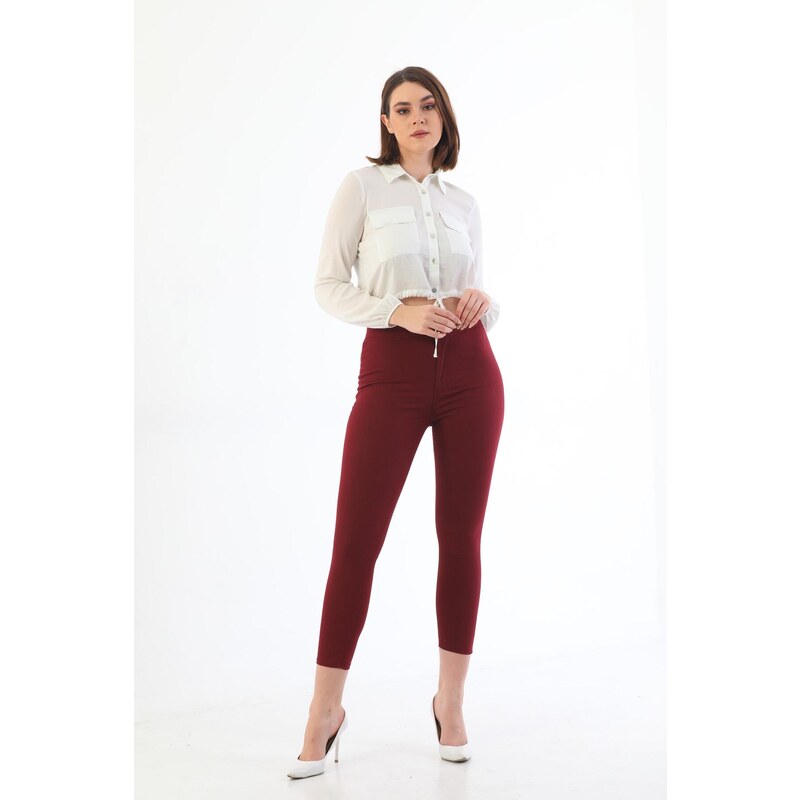 BİKELİFE Claret Red Plus Size High Waist Lycra Gabardine Leggings Trousers.