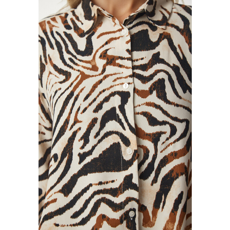 Happiness İstanbul Women's Cream Black Patterned Oversized Viscose Shirt