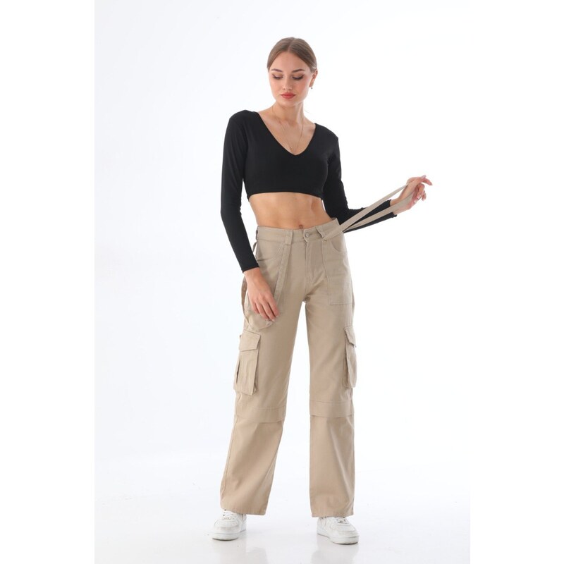 BİKELİFE Women's Beige High Waist Multi-Pocket Strap Detail Straight Fit Cargo Pants