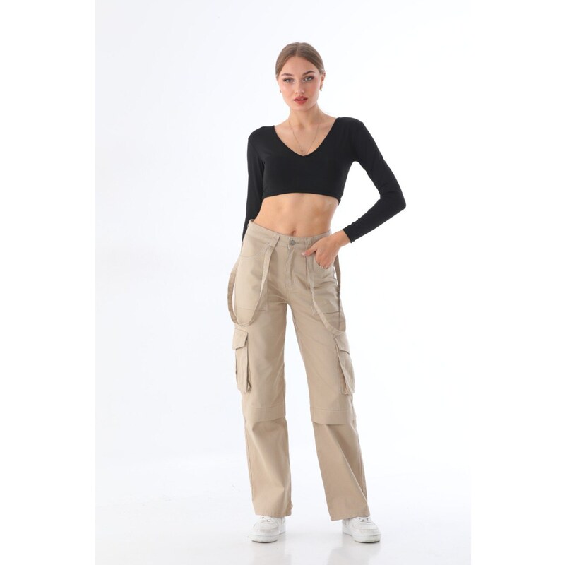 BİKELİFE Women's Beige High Waist Multi-Pocket Strap Detail Straight Fit Cargo Pants